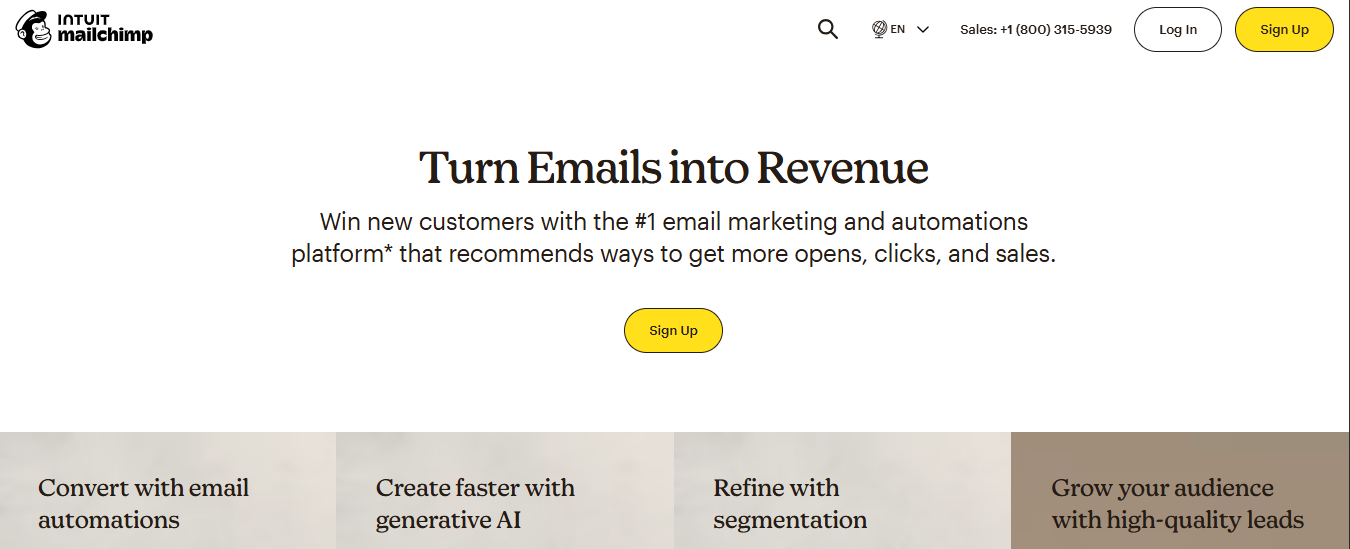 Mailchimp dashboard showing campaign analytics, audience insights, and content creation tools